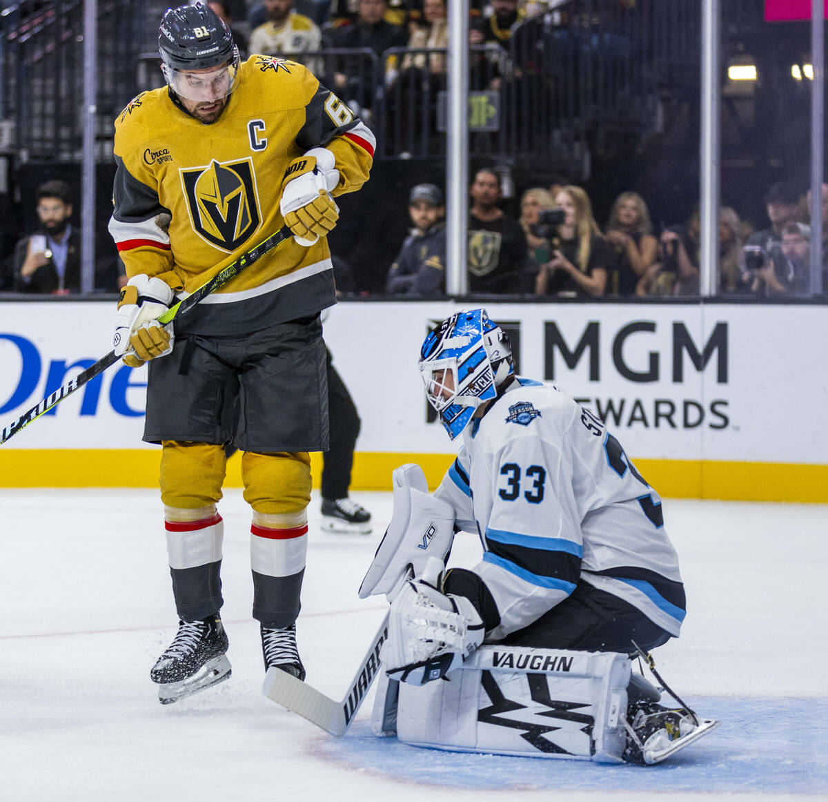 Golden Knights right wing Mark Stone (61) watches as the puck gets past Utah Hockey Club goalte ...