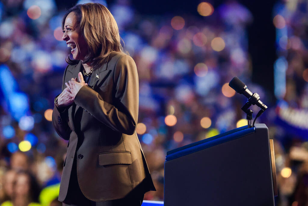 Democratic presidential nominee Vice President Kamala Harris speaks to a crowd during a campaig ...