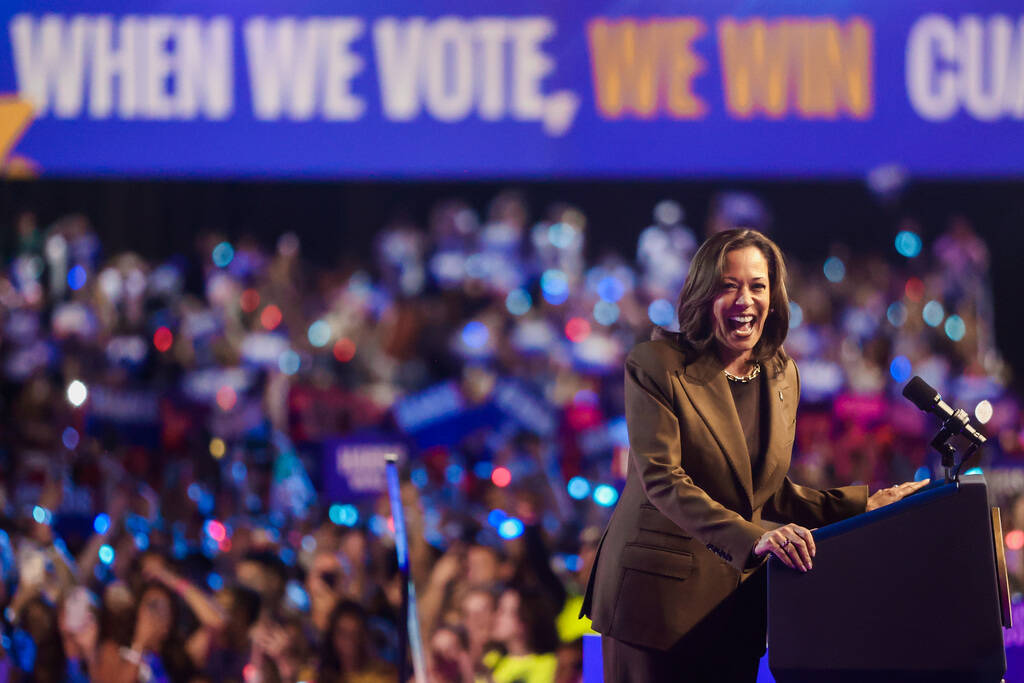 Democratic presidential nominee Vice President Kamala Harris speaks to a crowd during a campaig ...