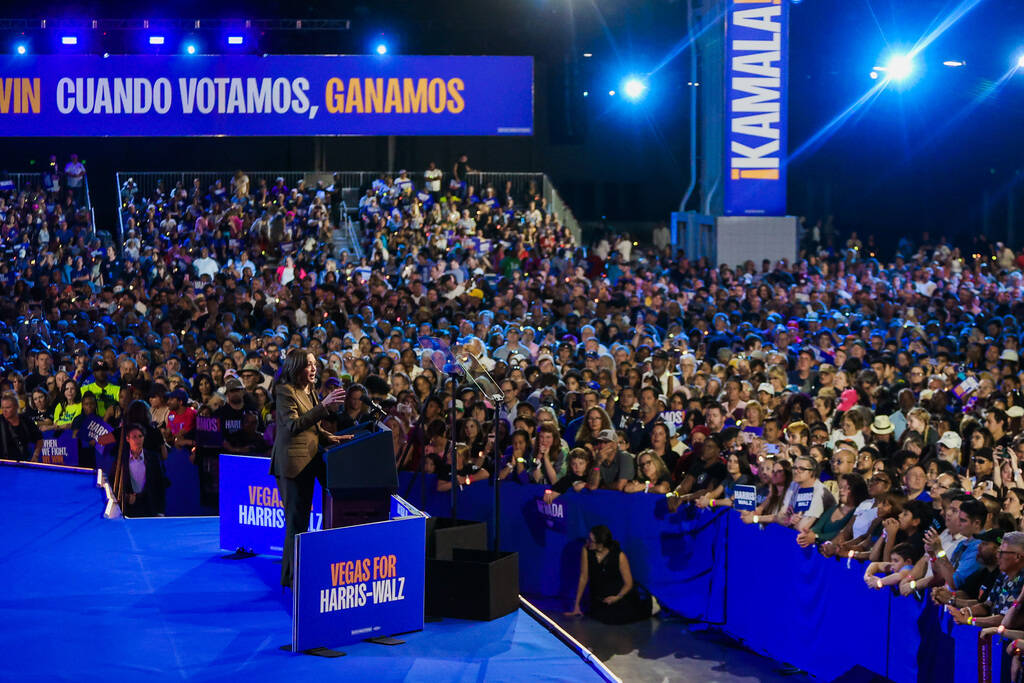 Democratic presidential nominee Vice President Kamala Harris speaks to a crowd during a campaig ...