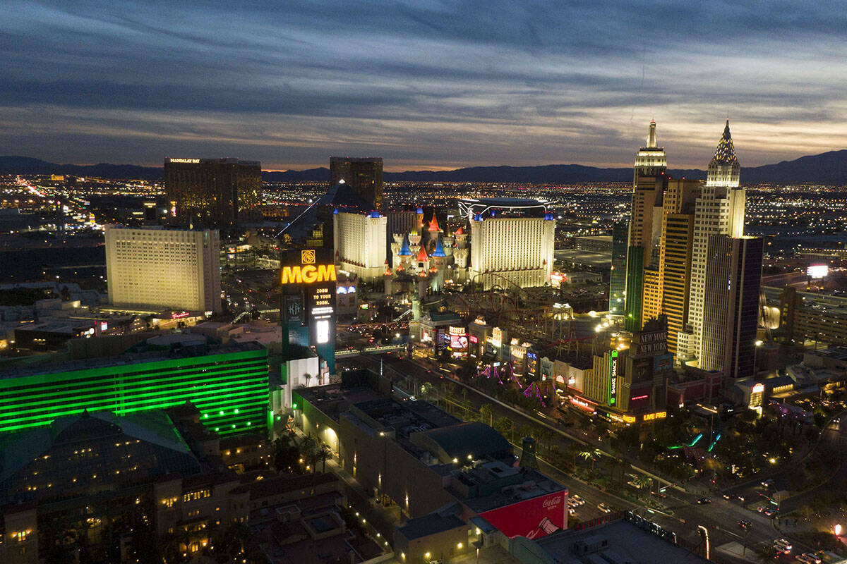 Aerial view of the south Las Vegas Strip at sunset on Wednesday, January 12, 2022. (Las Vegas R ...