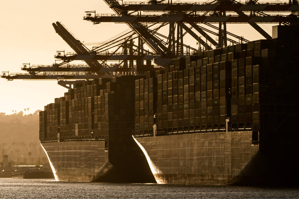 Container ships are moored at Maersk APM Terminals Pacific at the Port of Los Angeles in 2021. ...