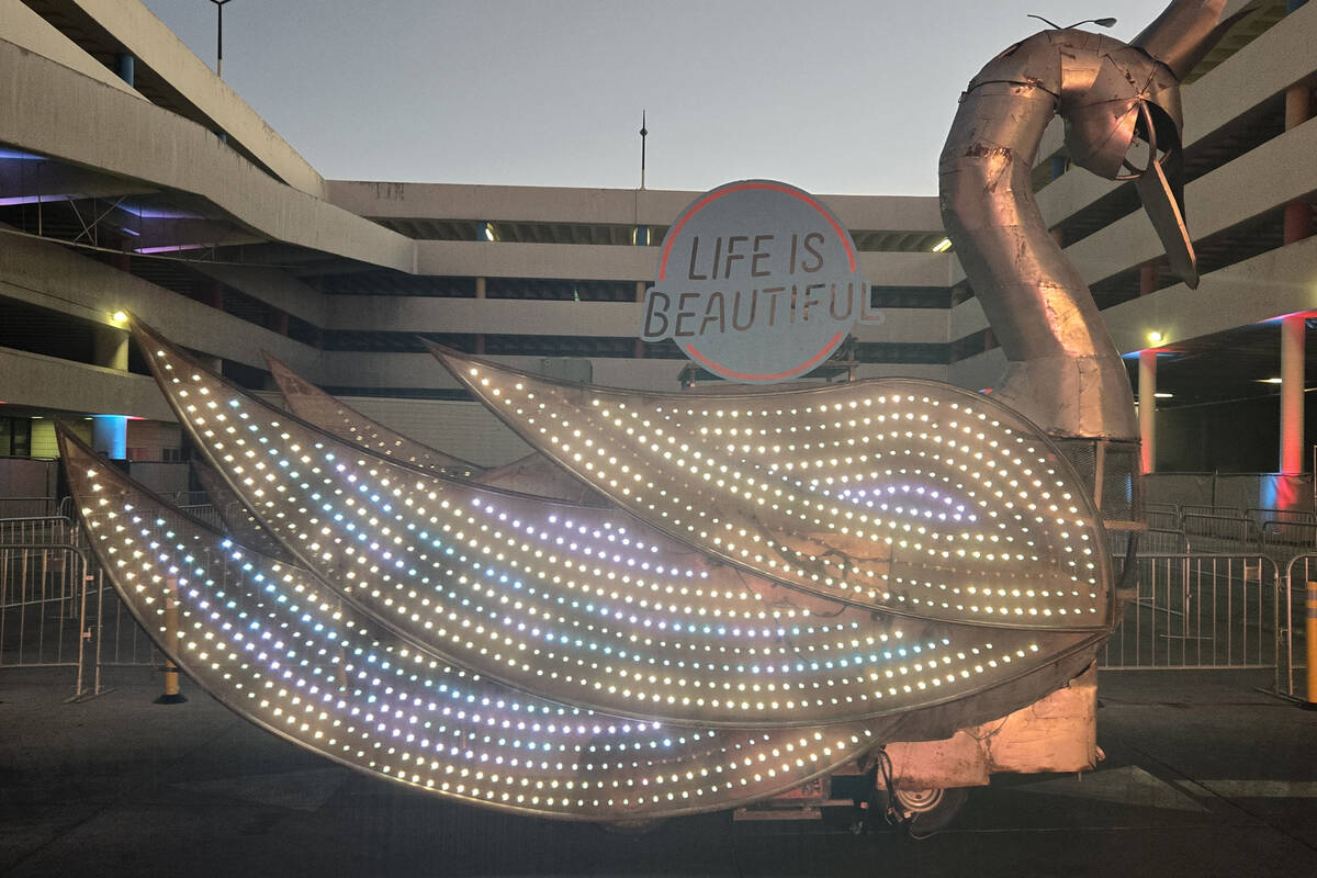 An art car outside the Big Beautiful Block Party in downtown Las Vegas on Friday, Sept. 27, 202 ...