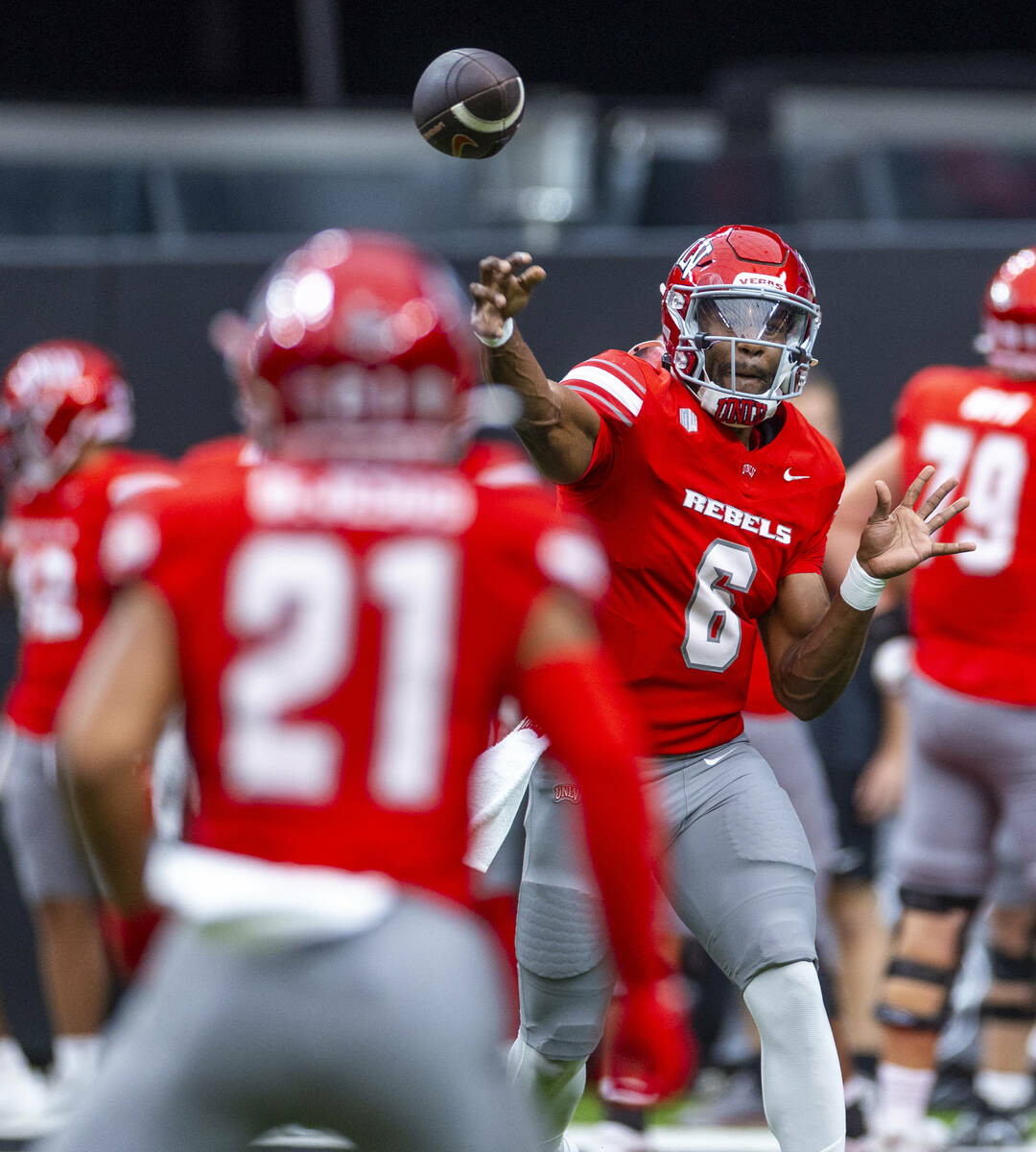 UNLV quarterback Hajj-Malik Williams (6) passes the ball during warm ups of their NCAA football ...