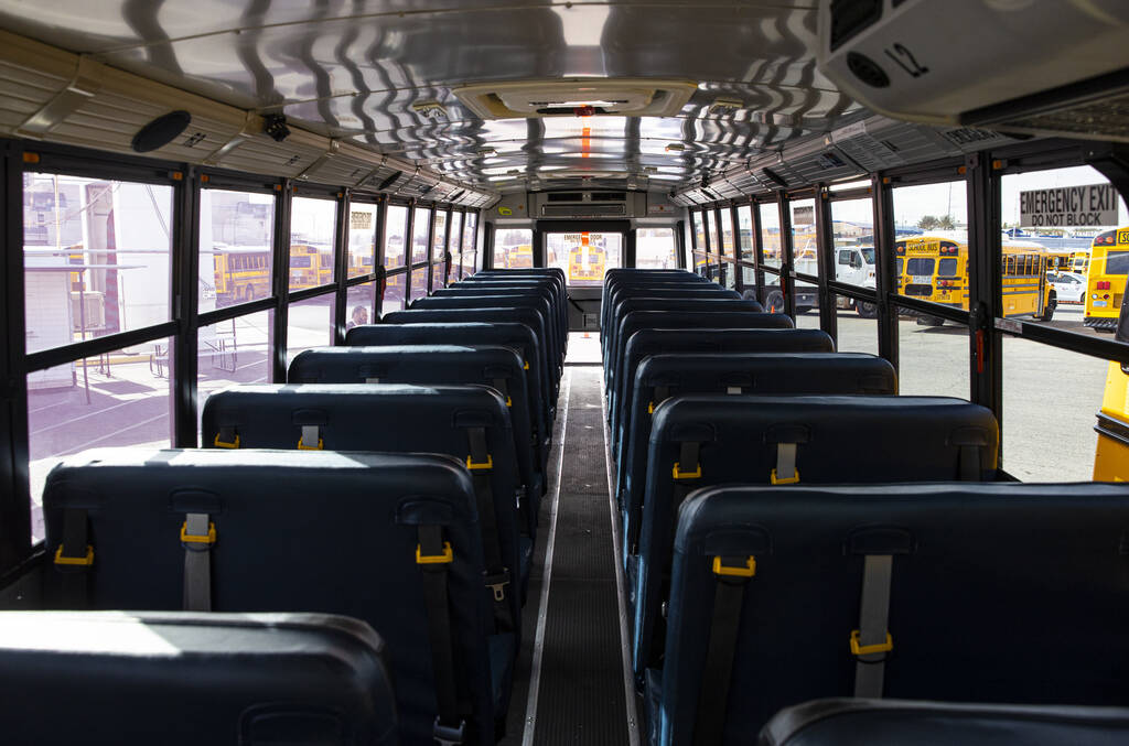 FILE - An interior view of an electric school bus acquired by the Clark County School District ...