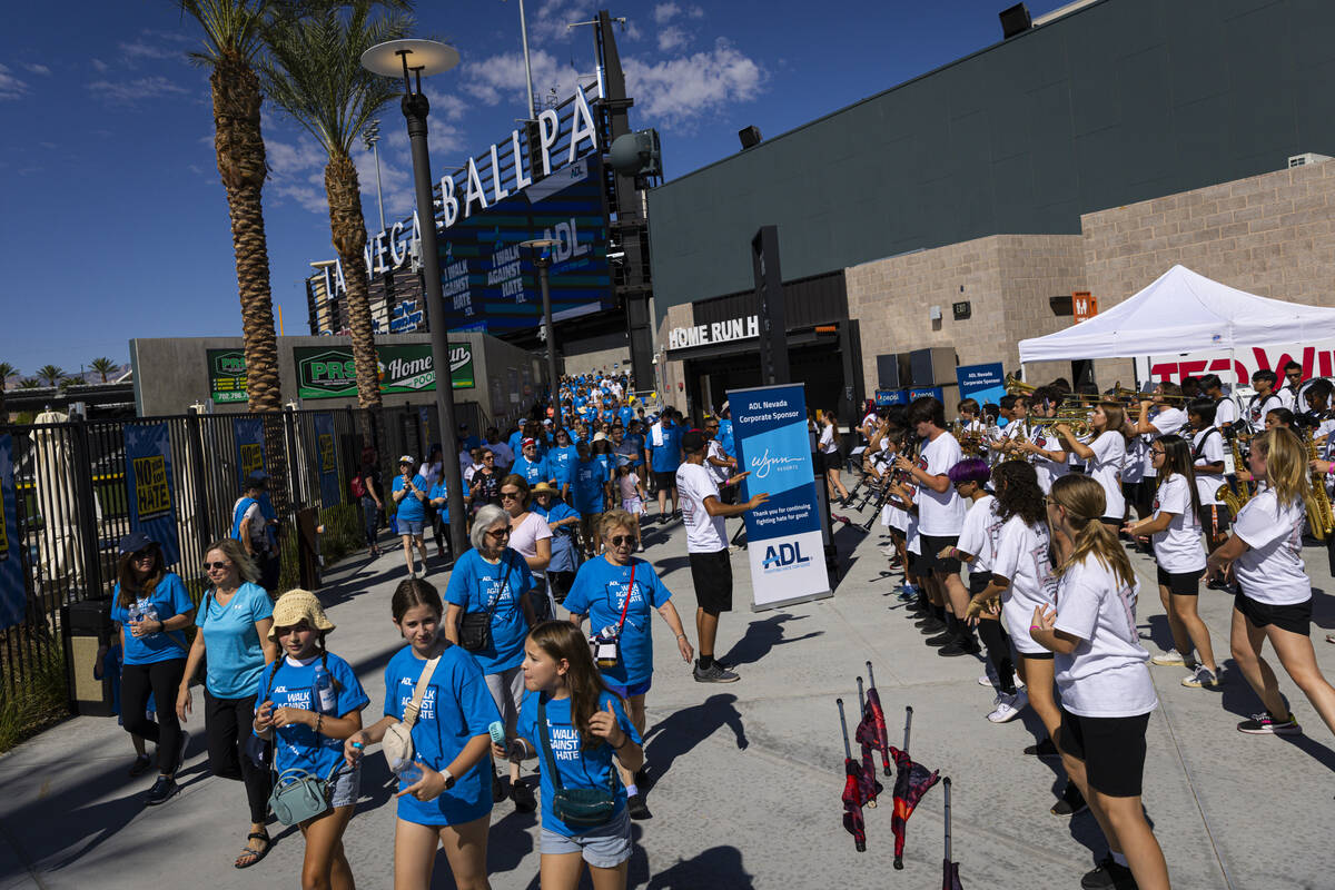 Desert Oasis High School marching band members entertain attendees during the Anti-Defamation L ...