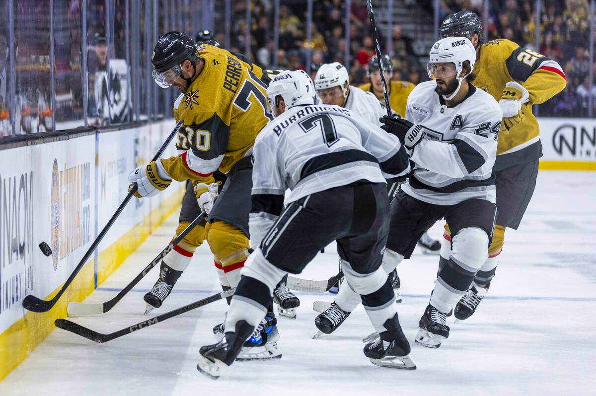 Golden Knights forward Tanner Pearson (70) against Los Angeles Kings defenseman Kyle Burroughs ...