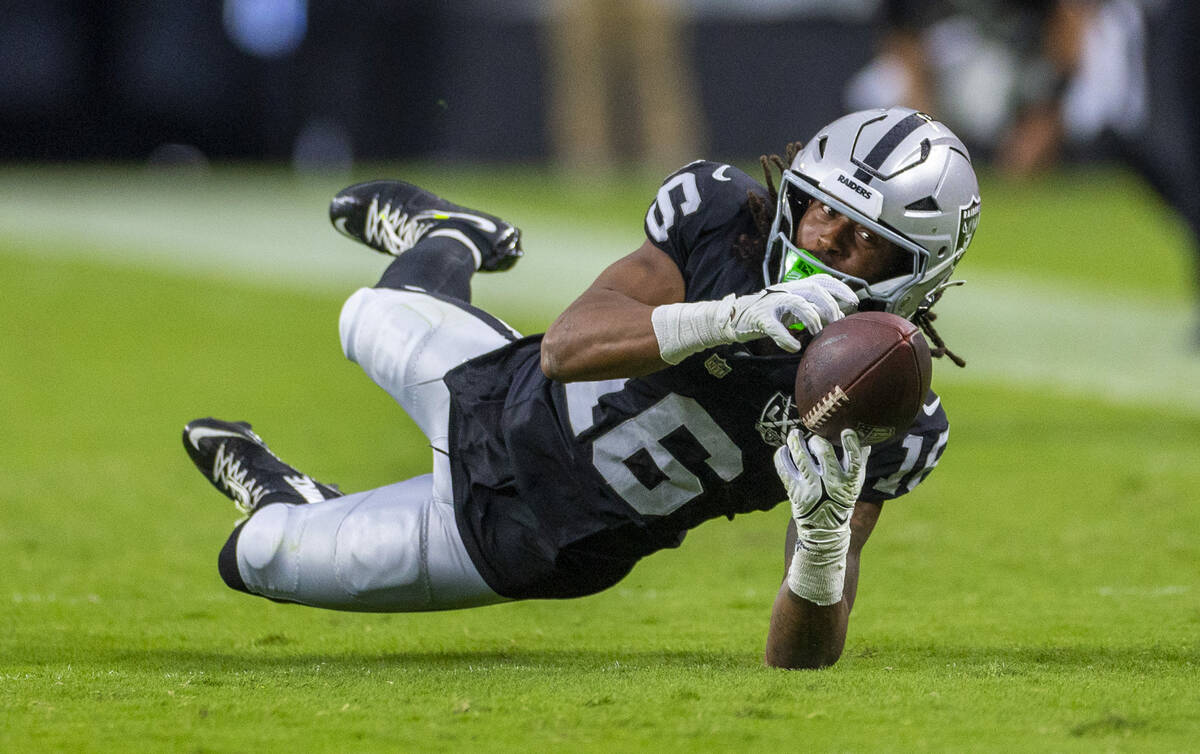 Raiders wide receiver Jakobi Meyers (16) dives for a long reception attempt against the Clevela ...