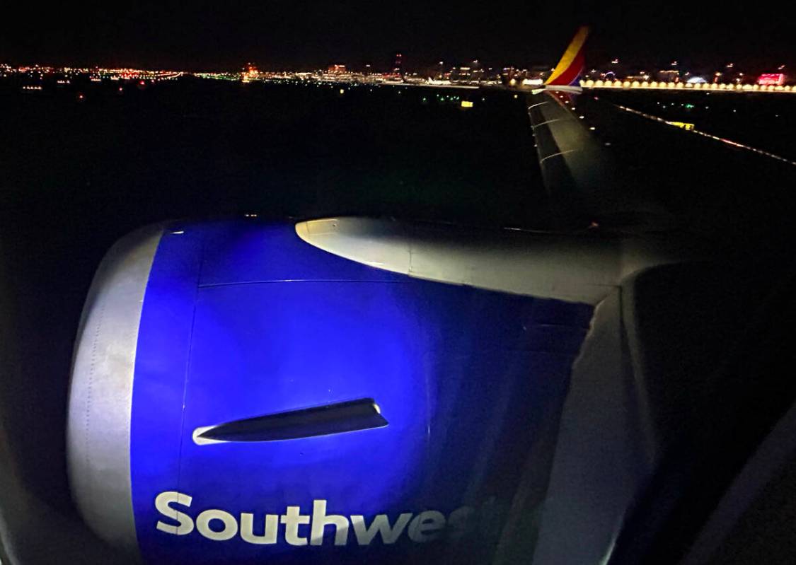 A Southwest Airlines plane takes off from Harry Reid International Airport, on Thursday, Sept. ...