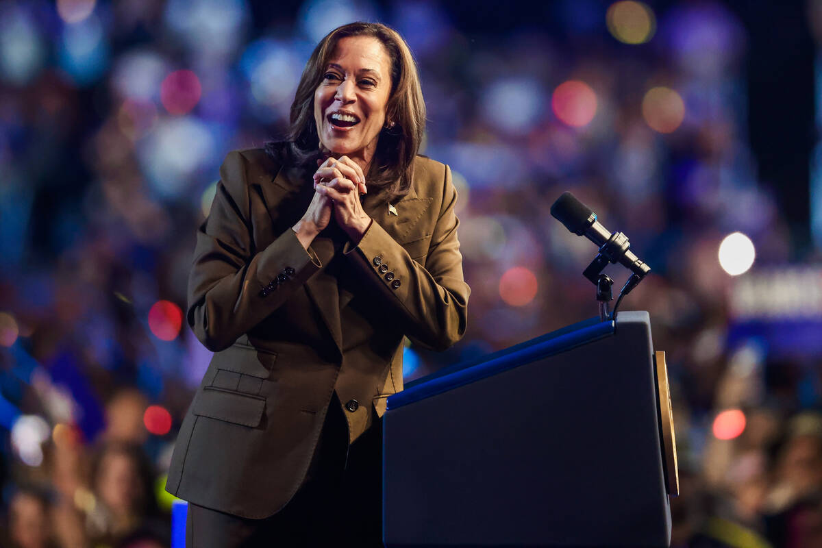 Democratic presidential nominee Vice President Kamala Harris speaks to a crowd during a campaig ...