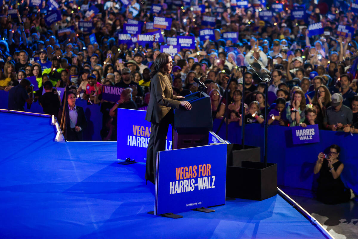 Democratic presidential nominee Vice President Kamala Harris speaks to a crowd during a campaig ...