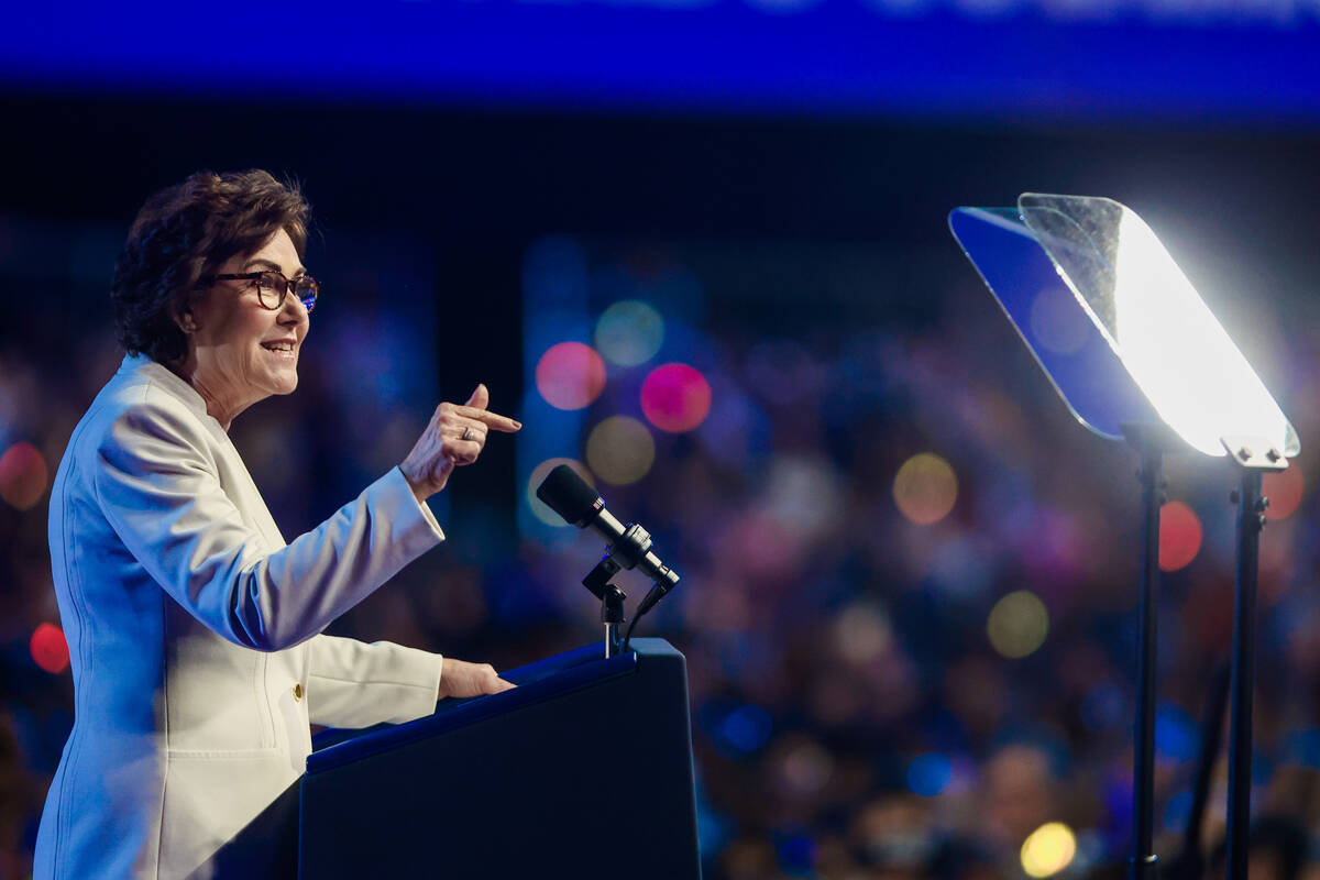 U.S. Senator Jacky Rosen, D-Nev., speaks to a crowd during a campaign event for Democratic pres ...