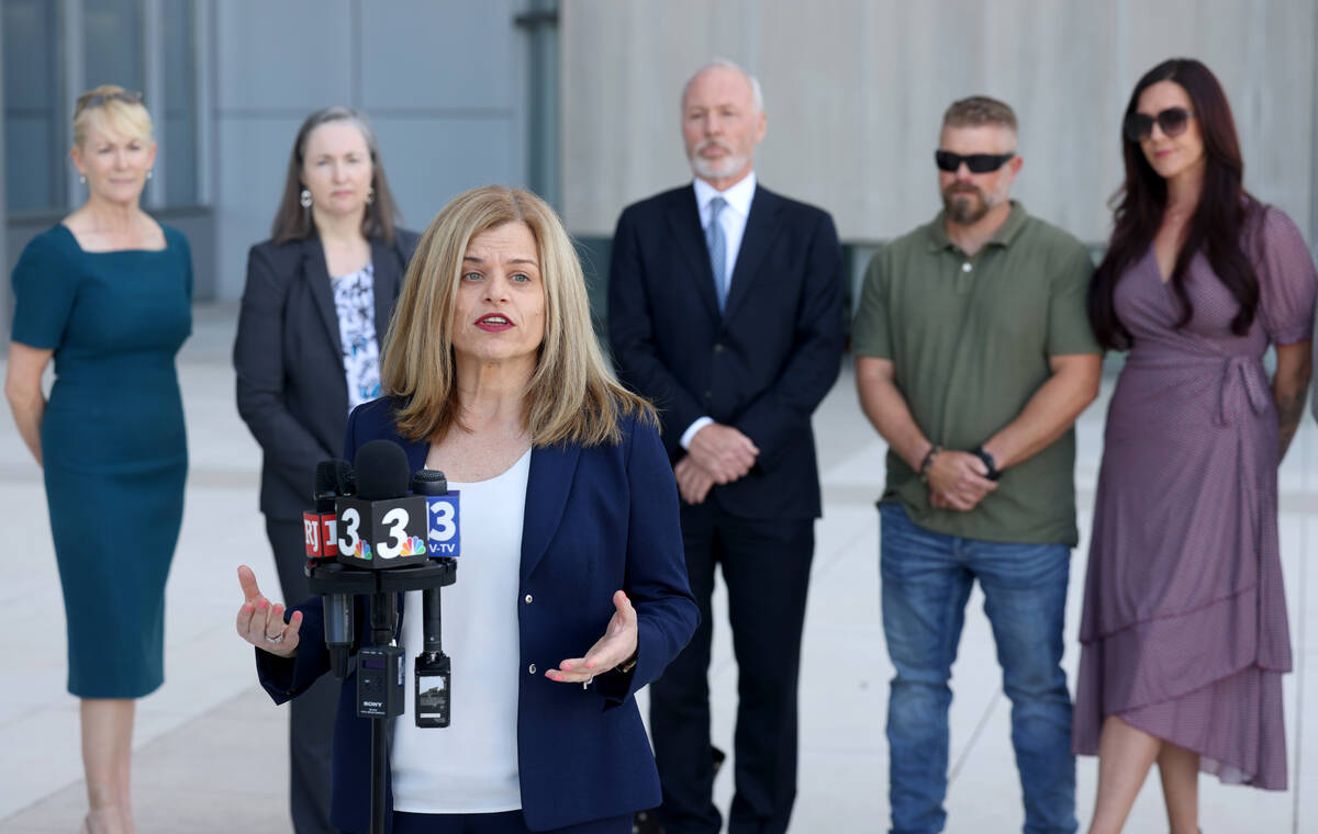 Attorney Hillary Freeman speaks during a press conference at the Lloyd George U.S. Courthouse i ...