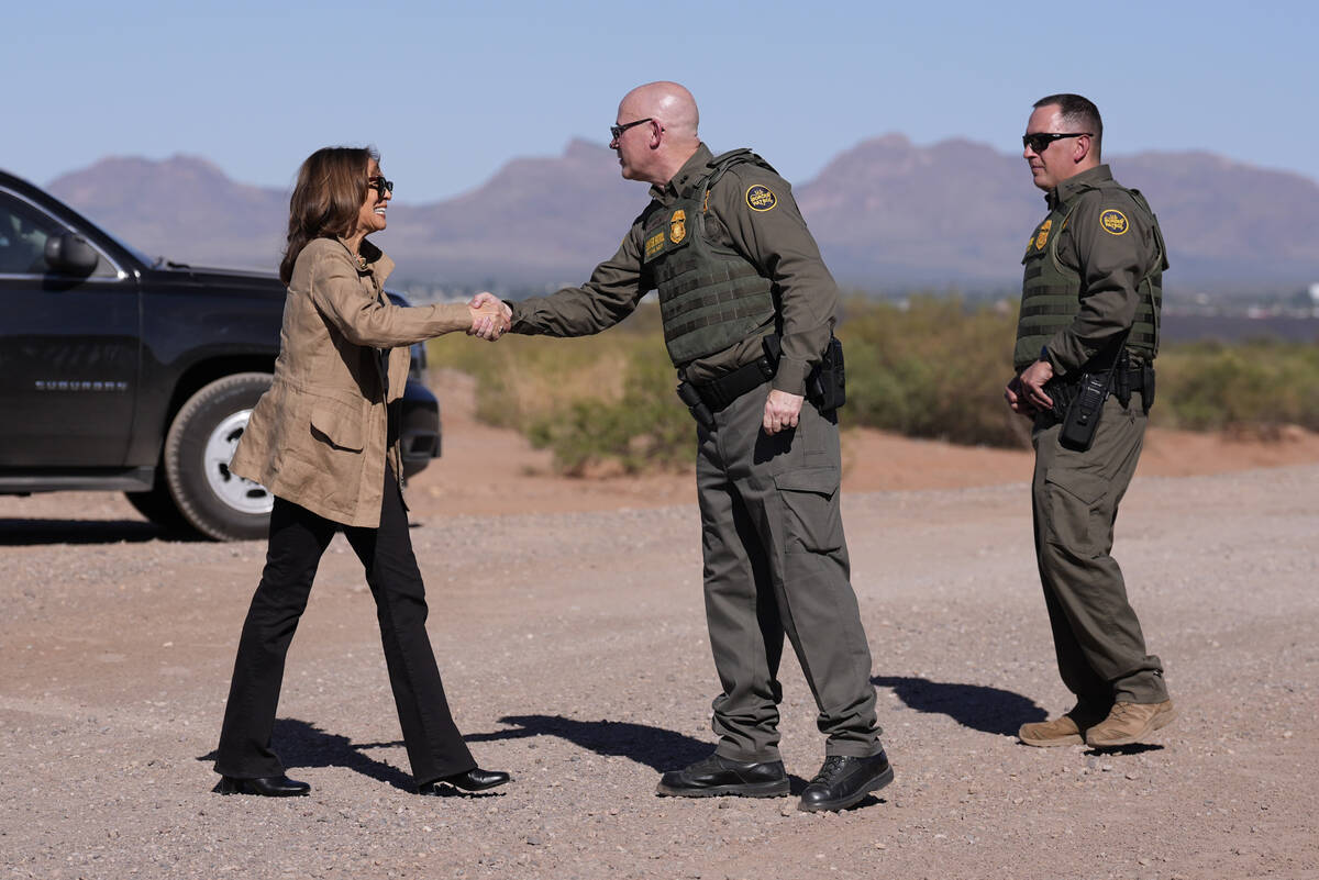 Democratic presidential nominee Vice President Kamala Harris greets members of the U.S. Border ...