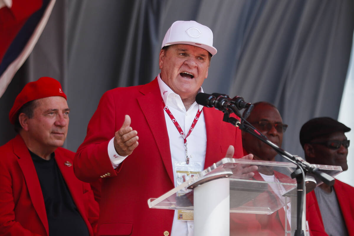 Former Cincinnati Reds player Pete Rose speaks during his statue dedication ceremony before a b ...