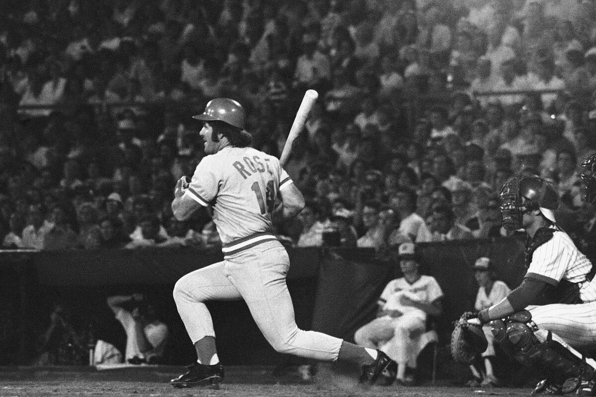 Cincinnati Reds Pete Rose sees his hard grounder go past first base for a single in the 6th inn ...