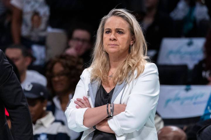 Las Vegas Aces head coach Becky Hammon looks on during the first half of a WNBA basketball seco ...