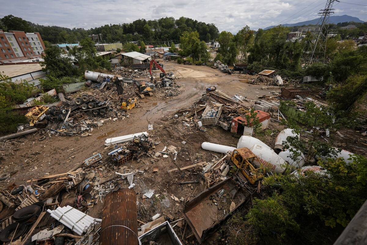 Debris is seen in the aftermath of Hurricane Helene, Monday, Sept. 30, 2024, in Asheville, N.C. ...