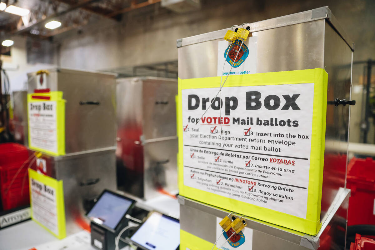 Drop boxes for mail in ballots are seen at the Clark County Election Department on Thursday, Ma ...