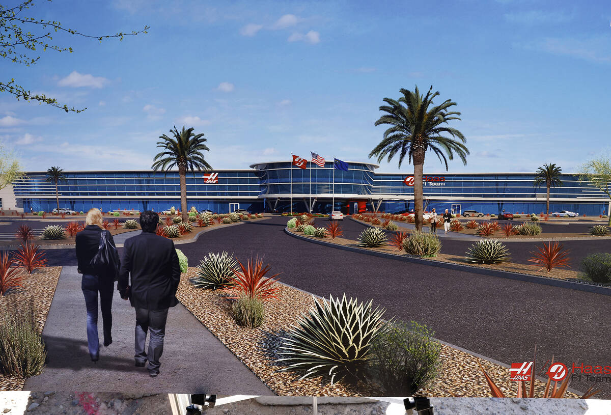 An artist rendering of the new Haas manufacturing plant is displayed during a groundbreaking ce ...