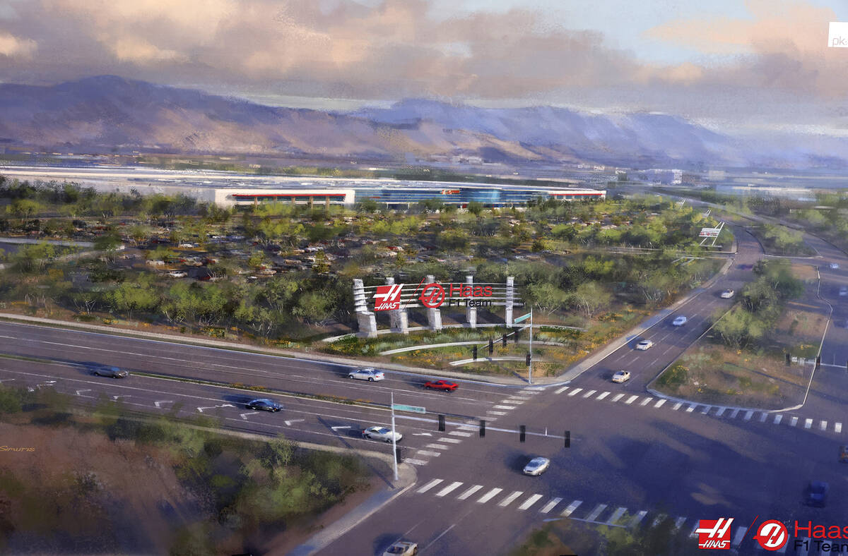 An artist rendering of the new Haas manufacturing plant is displayed during a groundbreaking ce ...