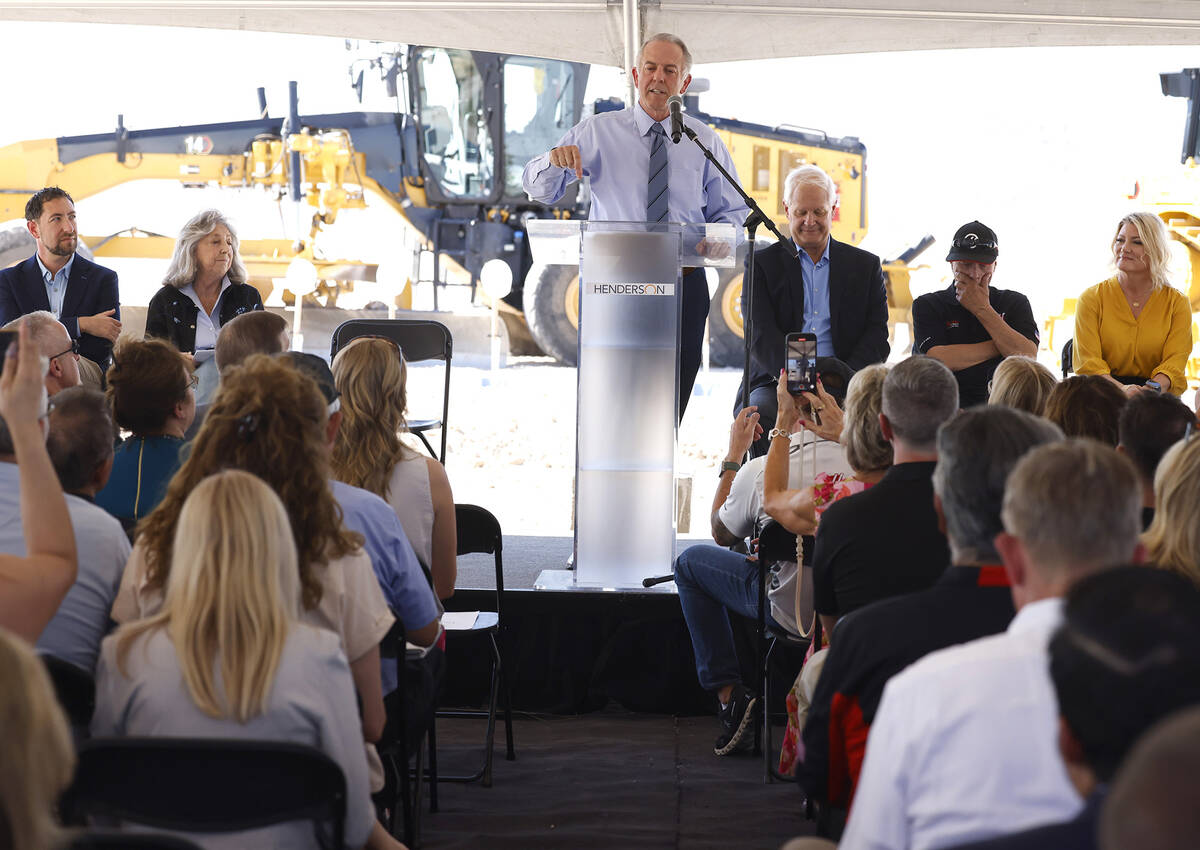 Clark County Commissioner Michael Naft, left, Rep. Dina Titus, Gene Haas, second right, Haas fo ...