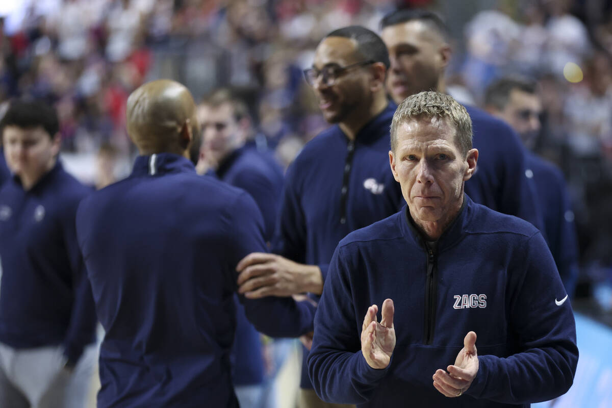 Gonzaga Bulldogs head coach Mark Few readies for an NCAA college basketball championship game a ...