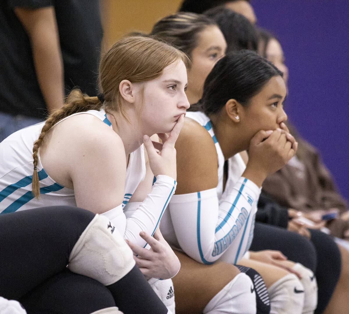 Silverado players watch the game against Durango at Durango High School, Tuesday, Oct. 1, 2024, ...