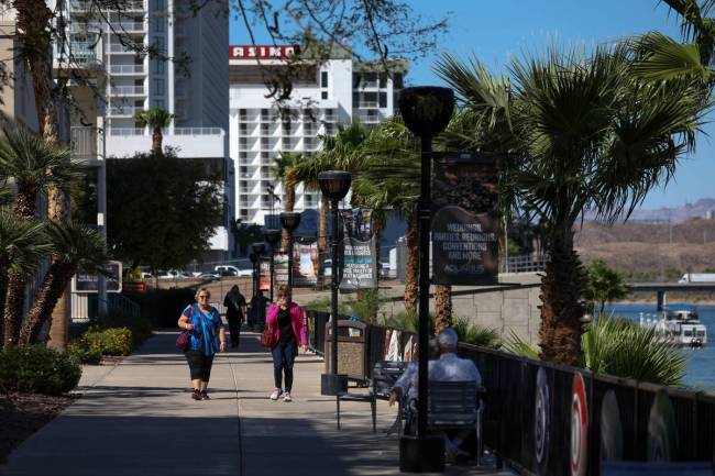 Guests to Laughlin, Nevada stroll on the riverwalk on Tuesday, Sept. 17, 2024. (Ellen Schmidt/L ...