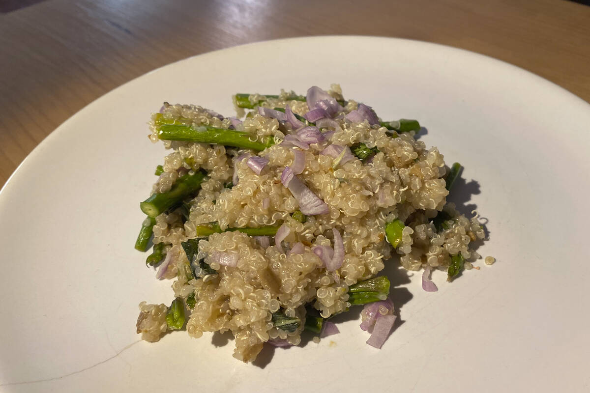 This image shows a recipe for quinoa pilaf with asparagus, from the book "The High-Protein ...