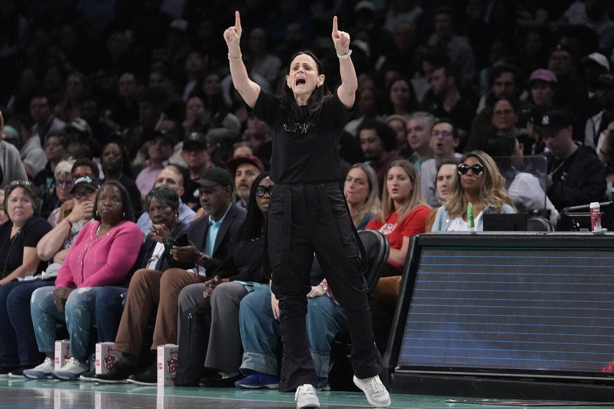 New York Liberty head coach Sandy Brondello calls out to her team during the first half of a WN ...