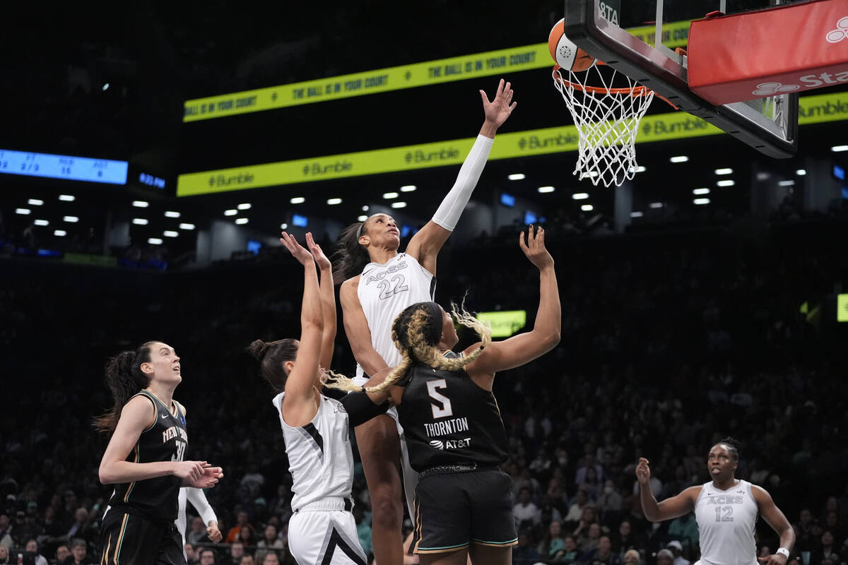 Las Vegas Aces' A'ja Wilson (22) during the first half of a WNBA basketball semifinal game agai ...