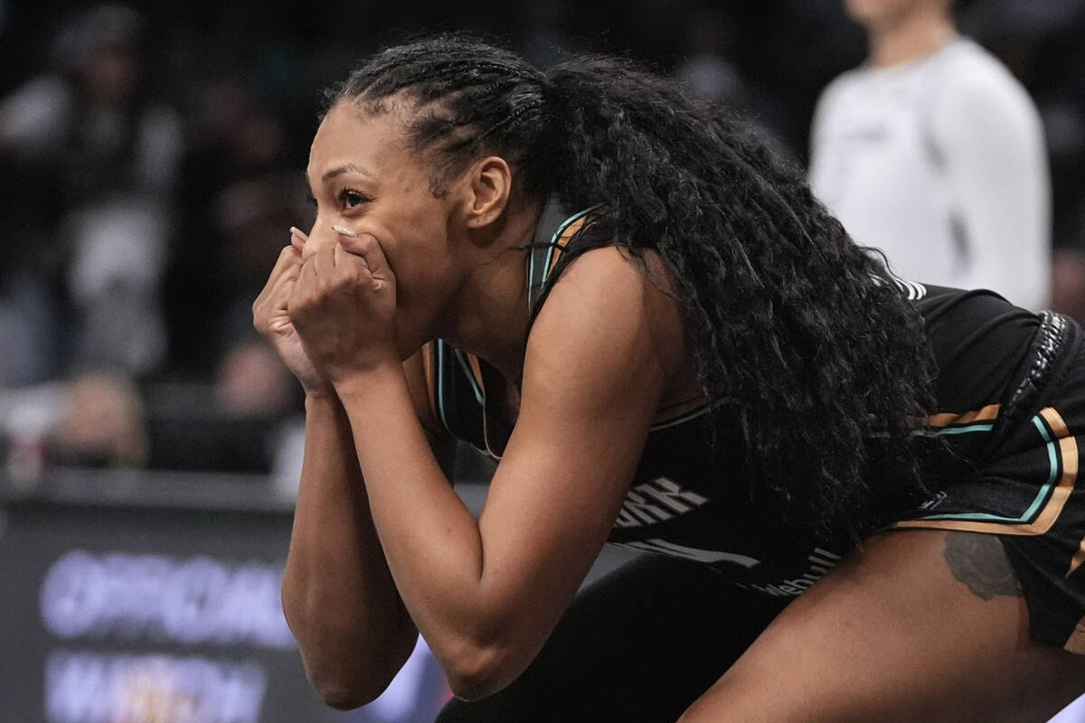 New York Liberty's Betnijah Laney-Hamilton reacts to a call during the second half of a WNBA ba ...