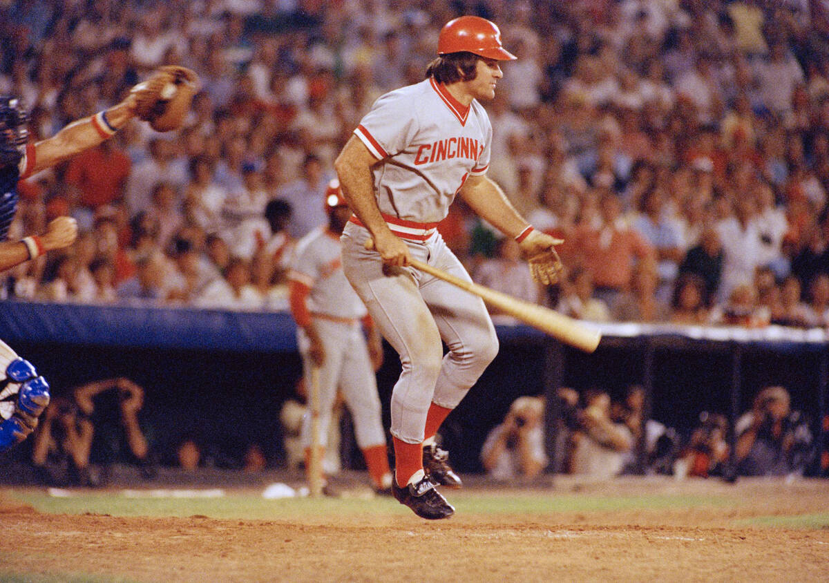 FILE - Pete Rose of the Cincinnati Reds in action at the bat against the Atlanta Braves in Atla ...