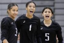 Durango senior Alana Riddick (3), sophomore Taylor Anderson (1) and junior Maya Dominguez (5) c ...