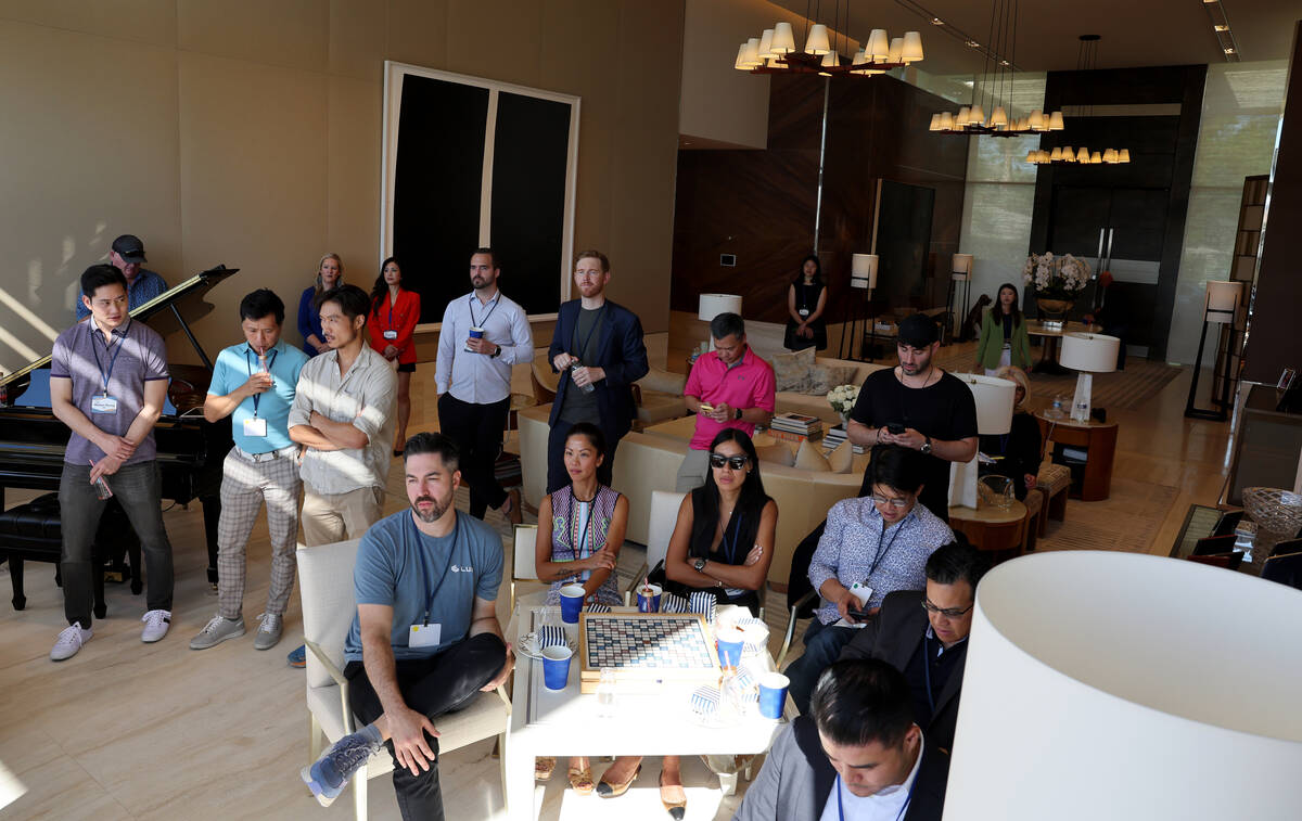 Tech entrepreneurs, CEOs and company founders listen to a speaker at Vegas Tech Summit at a hom ...