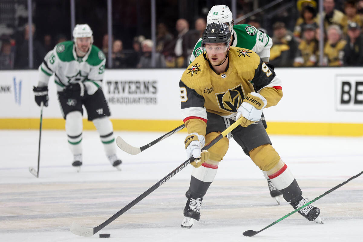 Golden Knights center Jack Eichel (9) skates up the ice with the puck during the first period i ...