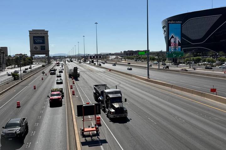 Paving operations occur on Interstate 15 near Allegiant Stadium on Saturday, Sept. 28, 2024. (M ...