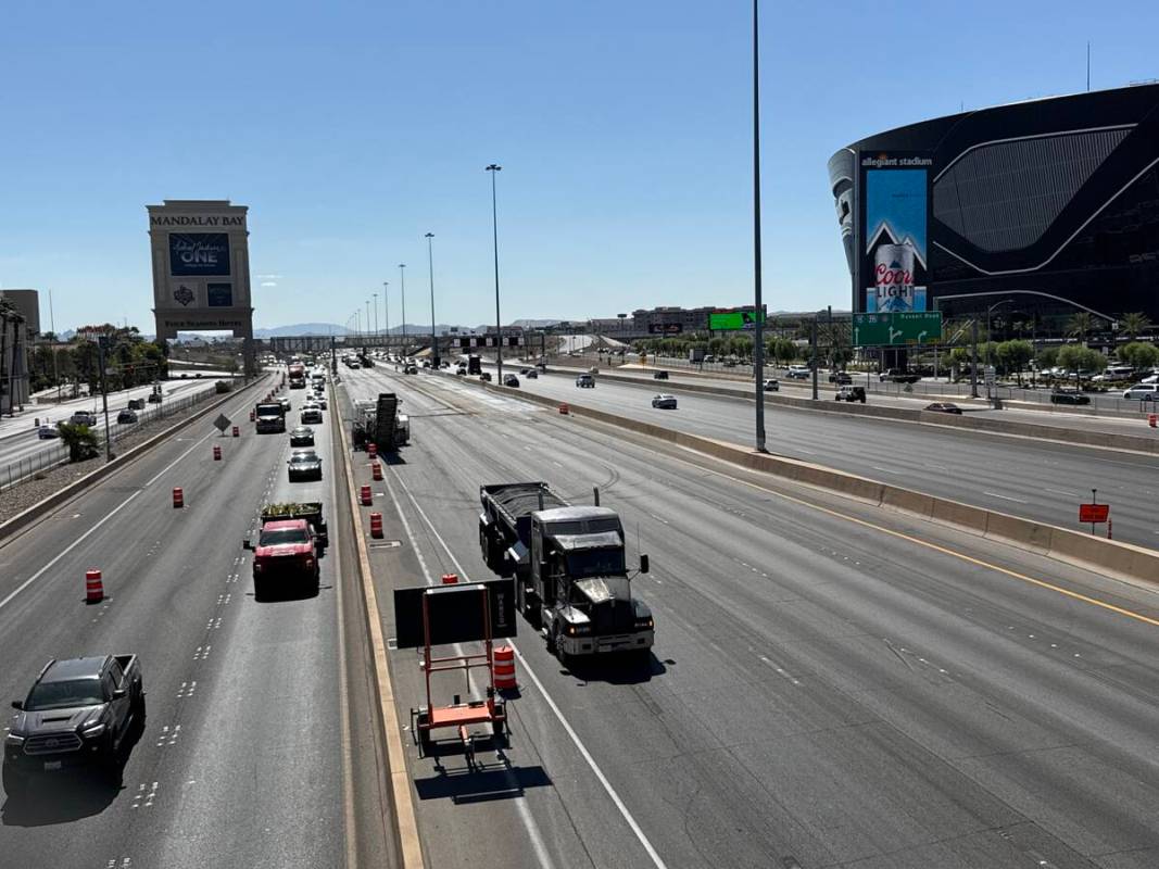 Paving operations occur on Interstate 15 near Allegiant Stadium on Saturday, Sept. 28, 2024. (M ...