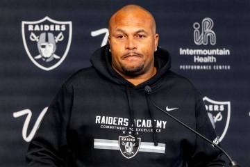 Raiders head coach Antonio Pierce addresses the media during a news conference at the Intermoun ...