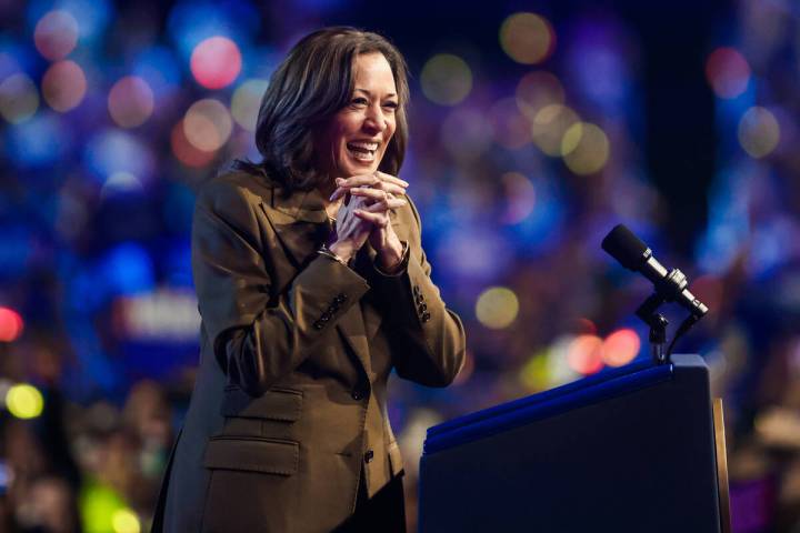 Democratic presidential nominee Vice President Kamala Harris speaks to a crowd during a campaig ...