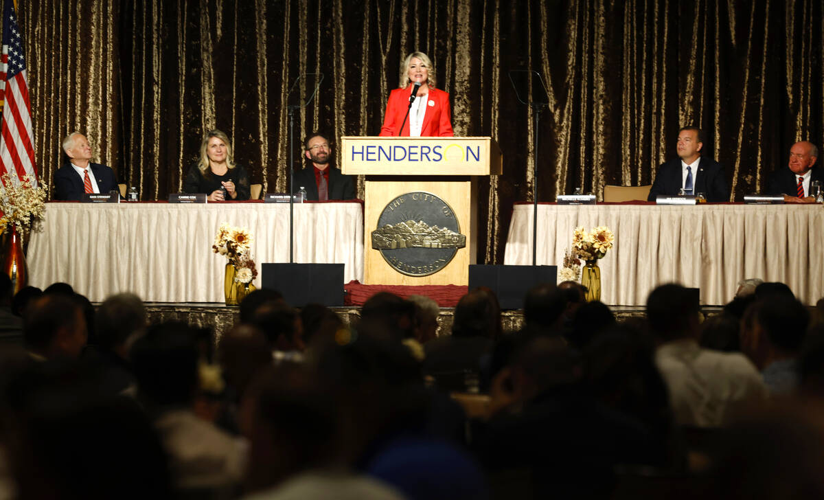 Henderson Mayor Michelle Romero delivers her State of the City address as (left to right) Counc ...