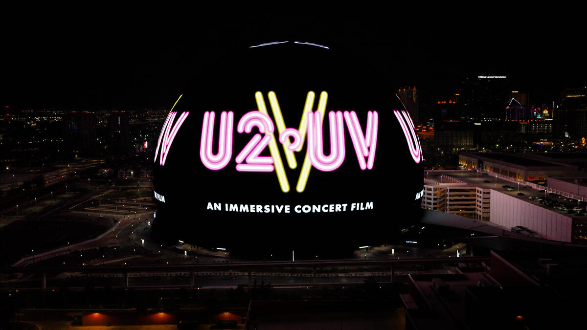 “V-U2 An Immersive Concert Film" is advertised on the Exosphere. (Sphere Entertainment)