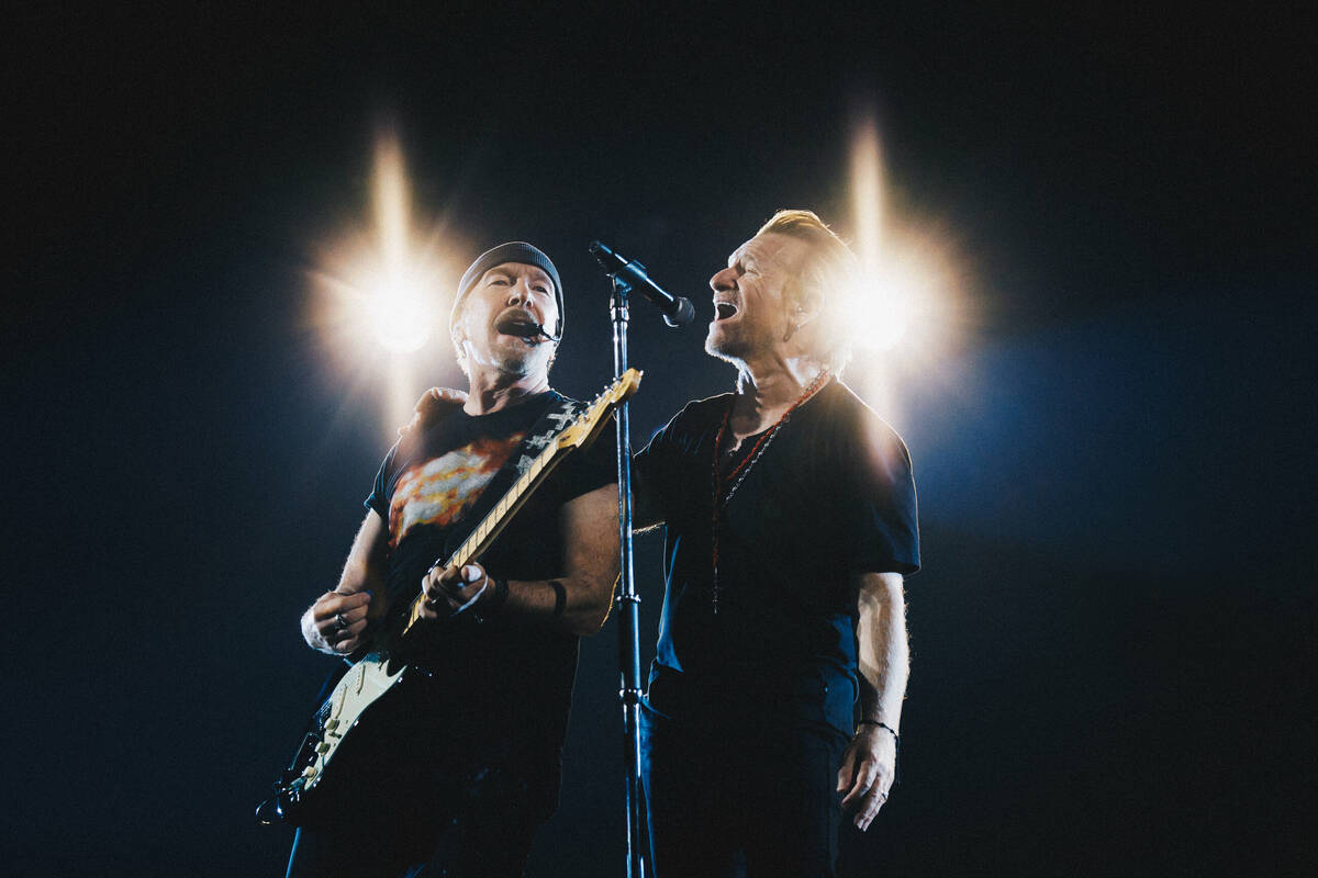 The Edge, left, and Bono perform during U2's Sphere residency on Nov. 4, 2023. (Rich Fury)