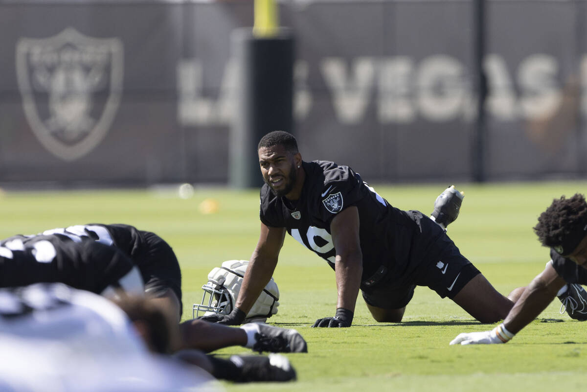 Raiders defensive end Charles Snowden (49) stretches during practice at the Intermountain Healt ...