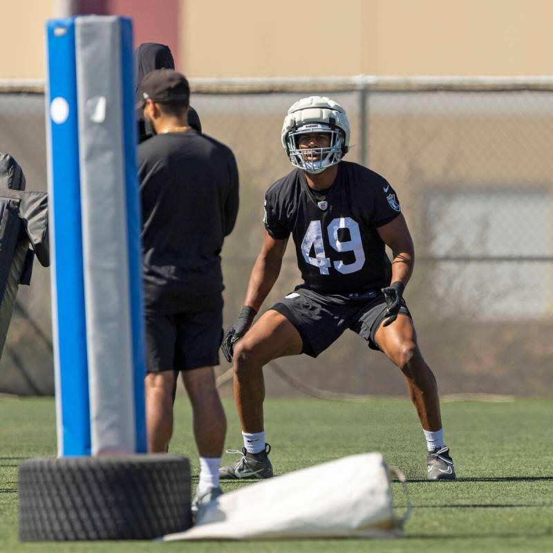 Raiders defensive end Charles Snowden (49) goes through a drill in practice at the Intermountai ...