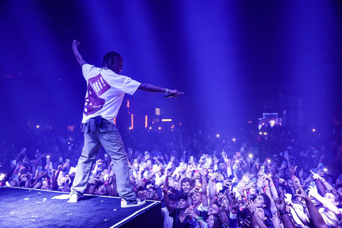 Travis Scott performs at Zouk Nightclub at Resorts World Las Vegas on Saturday, Sept. 17, 2022. ...