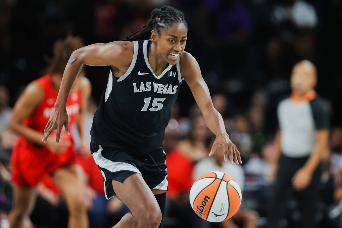 Aces guard Tiffany Hayes (15) dribbles the ball during a WNBA basketball game between the Las V ...