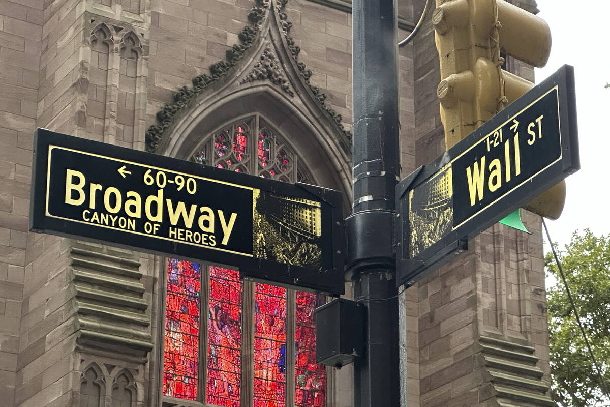 FILE - Signs mark the intersection of Broadway and Wall Street in the Financial District on Oct ...