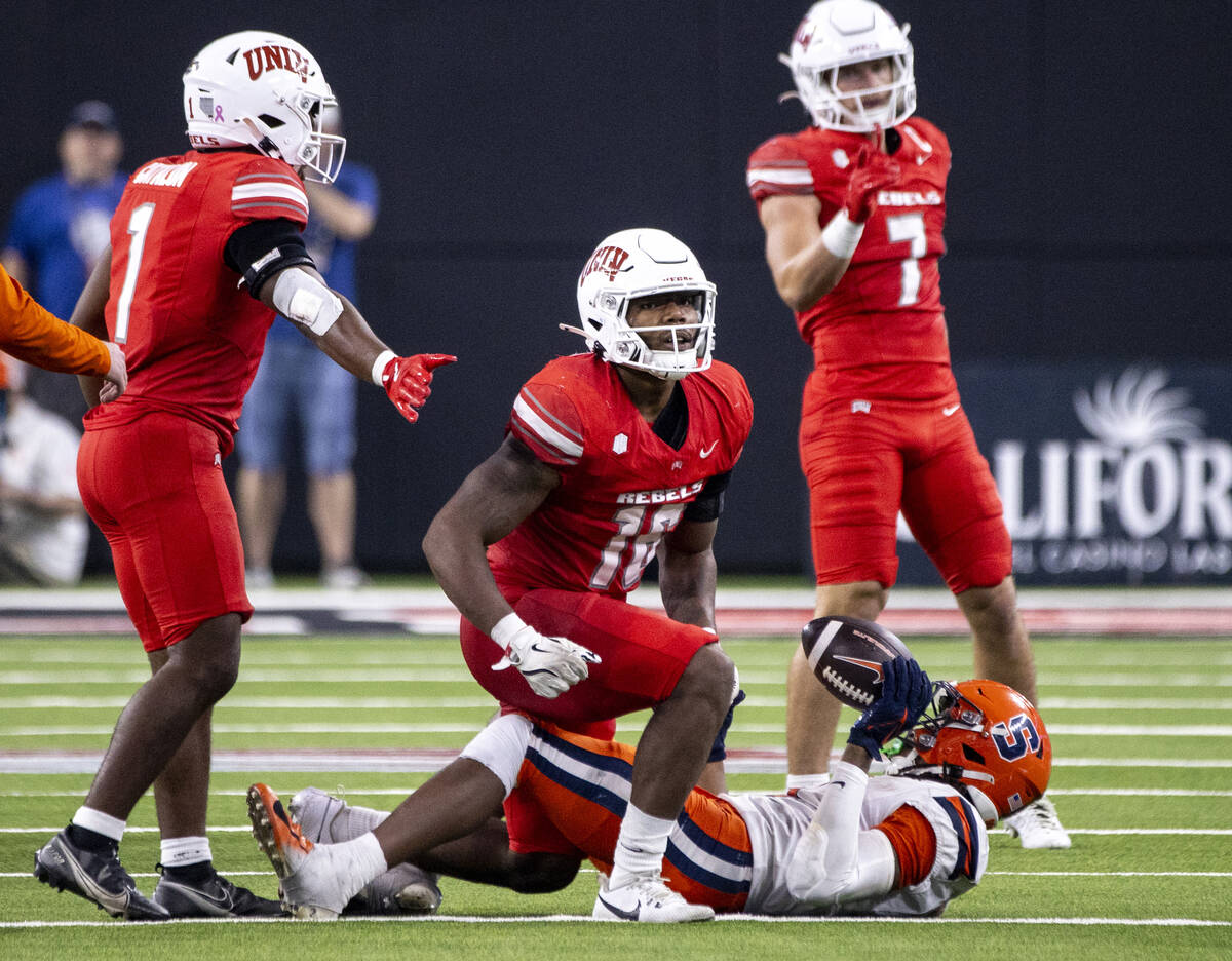 UNLV linebacker Mani Powell (16) takes a big step after making a tackle during the college foot ...